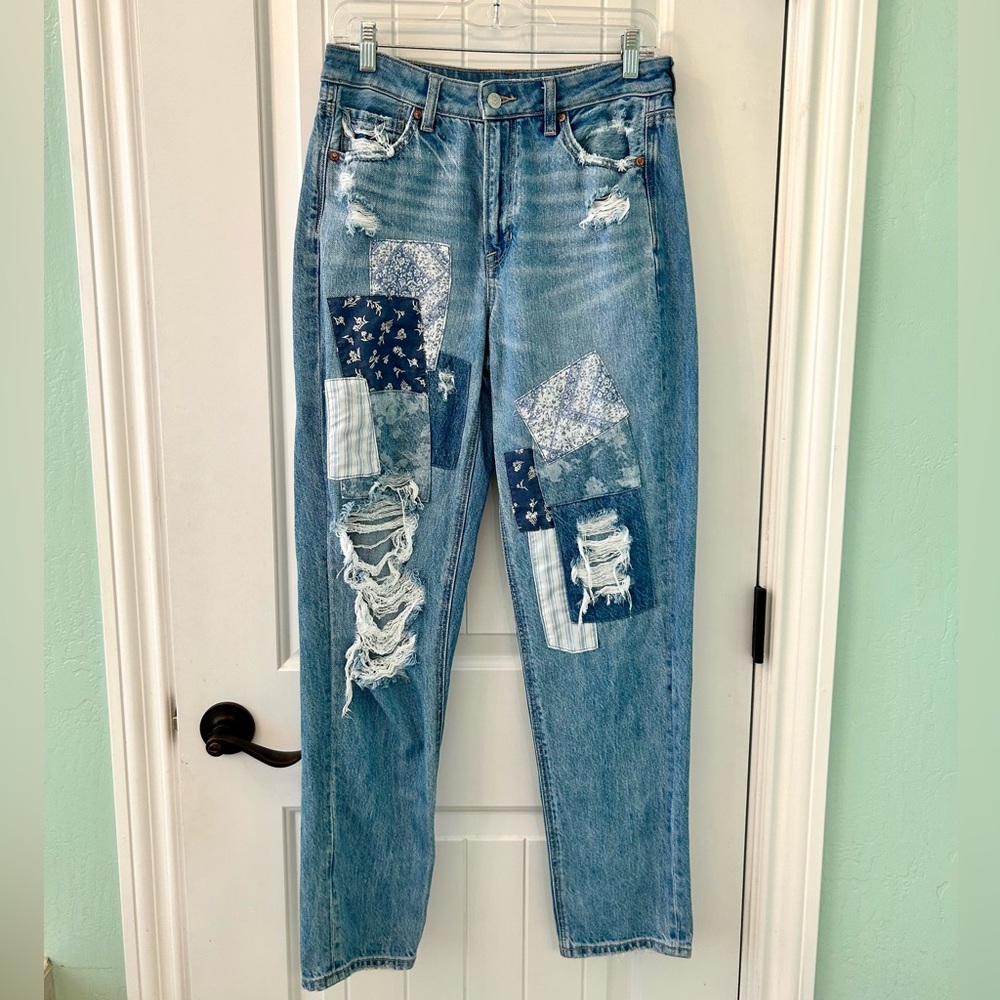 American Eagle Patchwork High Waisted Long Mom Jeans